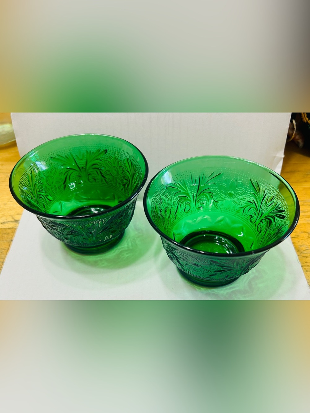 Custard cups by Anchor Hocking, vintage, forest green pressed glass.